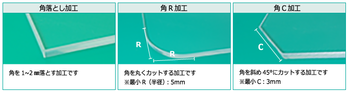 ガラスの角の加工は、角落とし加工、角R加工、角C加工からお選びいただけます。